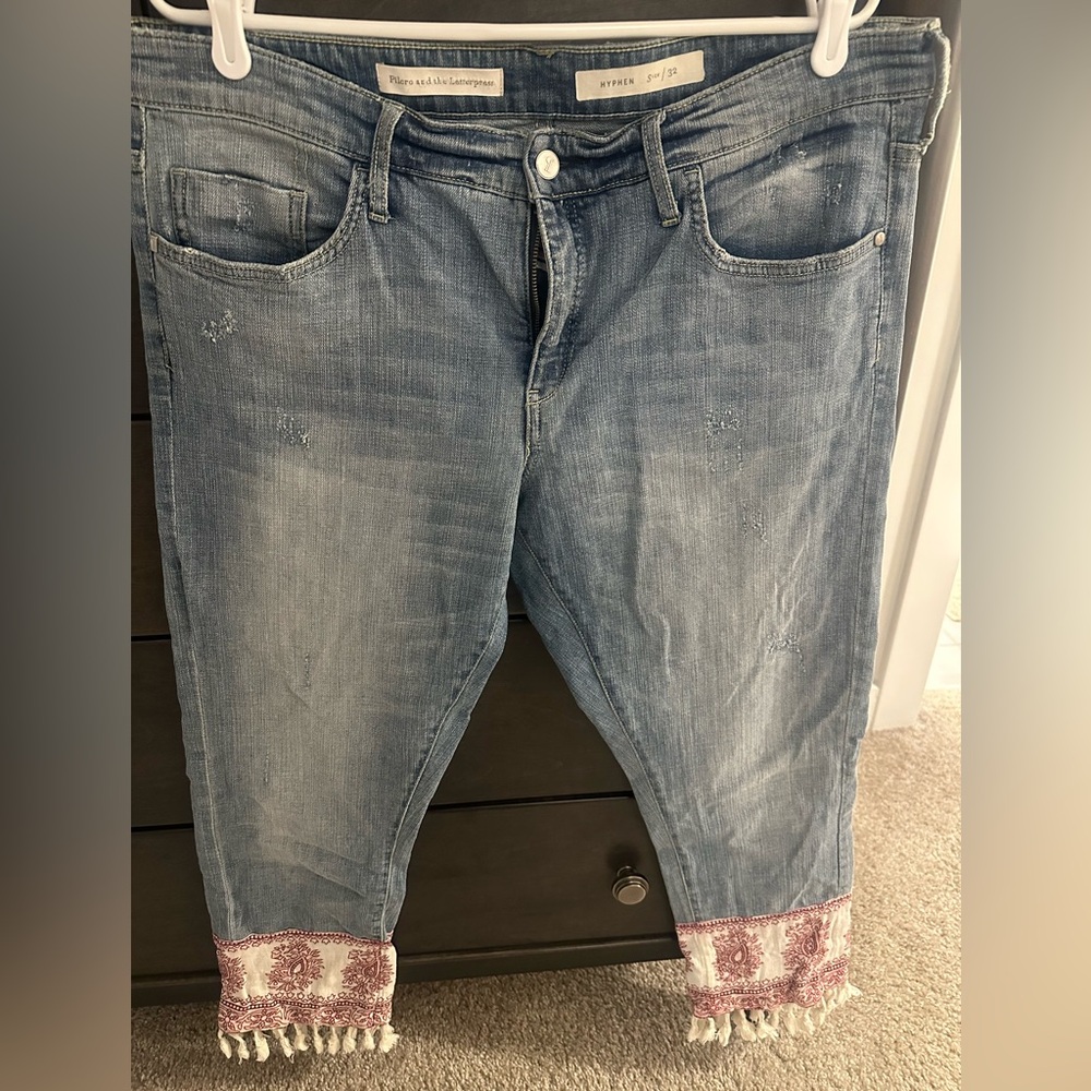 Pilcro and the Letterpress Blue Cropped Jeans with Embroidered Hem